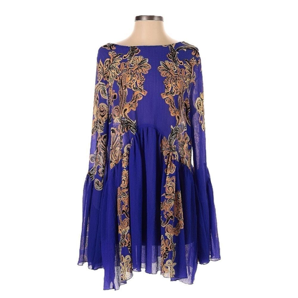 Free People Symphony Royal Blue Tunic Dress Size S NWT Baroque Printed Oversized